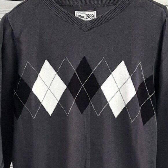 2/$15 Children's Place Pullover Sweater Gray Size 5 6 Small Argyle Long Sleeve - Picture 2 of 6
